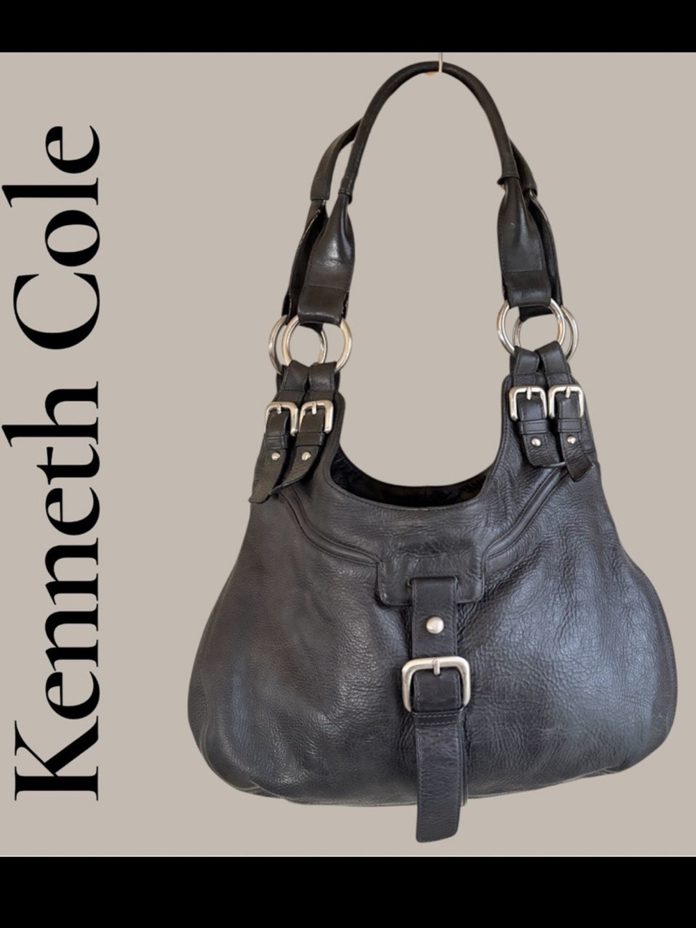 Kenneth Cole Black Leather Hobo
Shoulder Bag Buckle Accent Slouchy. GUC!